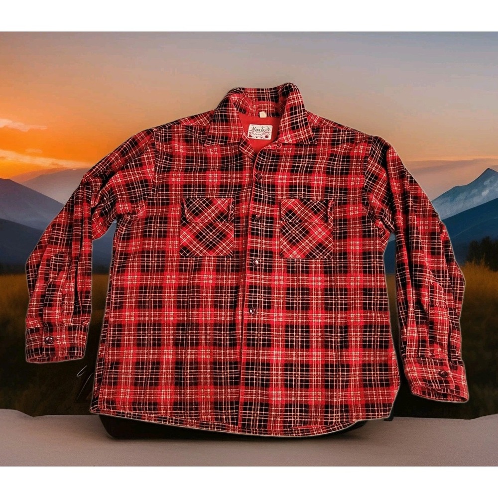 ❤️Vintage 1950's Mark Twain Shirt Printed Corduroy Red Plaid Camp Loop Collar
